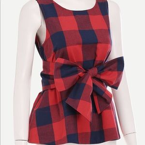 Plaid check bow top in navy and red